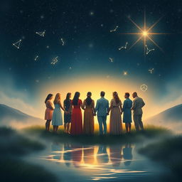 In a serene, mystical setting, a gathering of diverse individuals stands in a circle holding hands, symbolizing unity and healing