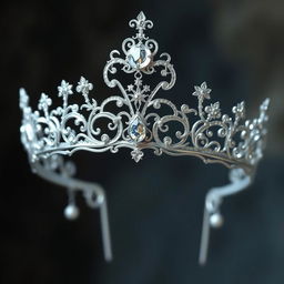 Create an enchanting silver tiara with delicate and intricate detailing in a fantasy style