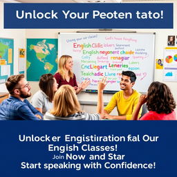 A vibrant and eye-catching advertisement for English classes, featuring dynamic characters in a lively classroom setting