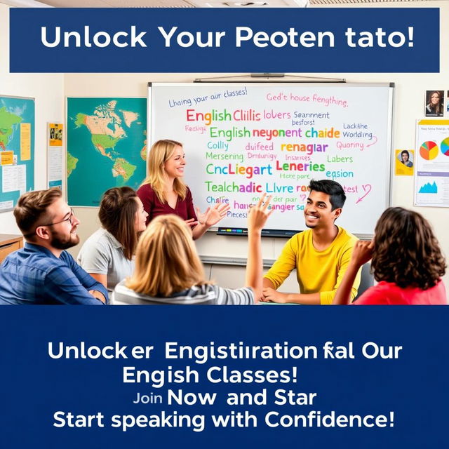 A vibrant and eye-catching advertisement for English classes, featuring dynamic characters in a lively classroom setting