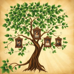 A beautifully detailed and artistic family tree illustration, filled with lush green leaves symbolizing life and connection, with elegant swirling branches that gracefully hold framed vintage photographs of family members