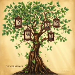 A beautifully detailed and artistic family tree illustration, filled with lush green leaves symbolizing life and connection, with elegant swirling branches that gracefully hold framed vintage photographs of family members