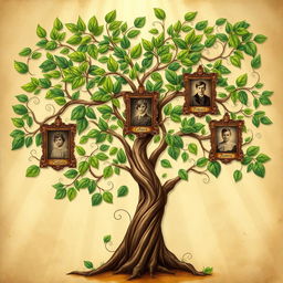 A beautifully detailed and artistic family tree illustration, filled with lush green leaves symbolizing life and connection, with elegant swirling branches that gracefully hold framed vintage photographs of family members