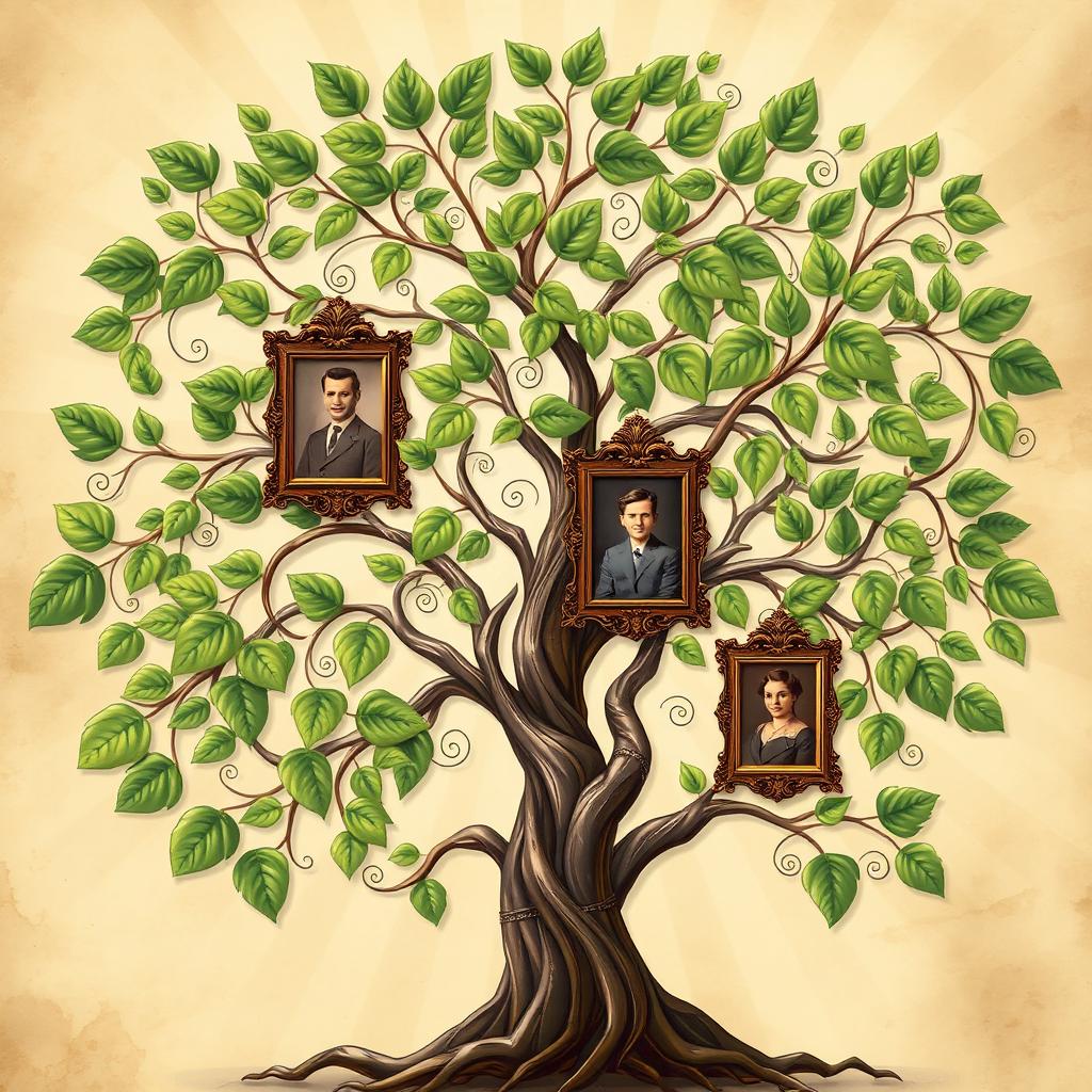 A beautifully detailed and artistic family tree illustration, filled with lush green leaves symbolizing life and connection, with elegant swirling branches that gracefully hold framed vintage photographs of family members