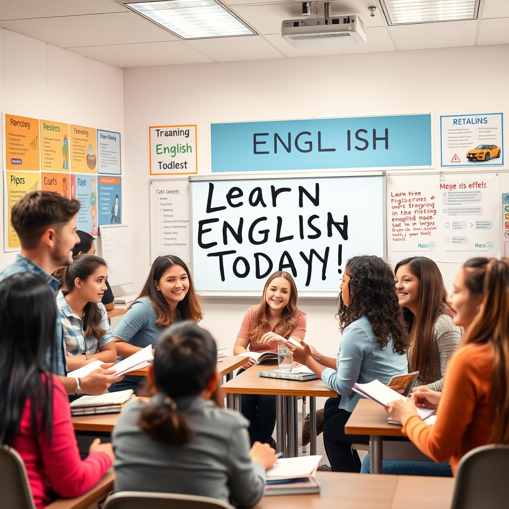 A vibrant and eye-catching advertisement for English classes, featuring diverse and enthusiastic students of various ages from teens to adults, interacting in a modern classroom setting with a friendly, professional teacher