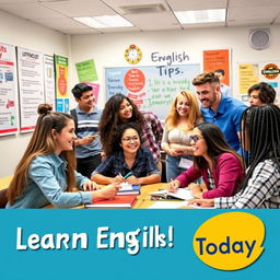 A vibrant and eye-catching advertisement for English classes, featuring diverse and enthusiastic students of various ages from teens to adults, interacting in a modern classroom setting with a friendly, professional teacher