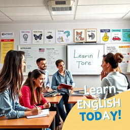 A vibrant and eye-catching advertisement for English classes, featuring diverse and enthusiastic students of various ages from teens to adults, interacting in a modern classroom setting with a friendly, professional teacher