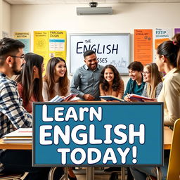 A vibrant and eye-catching advertisement for English classes, featuring diverse and enthusiastic students of various ages from teens to adults, interacting in a modern classroom setting with a friendly, professional teacher