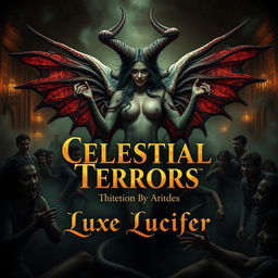A seductive Lovecraftian demoness with an alluring yet eerie appearance, featuring tentacles and ethereal wings, wreaking havoc in a university setting surrounded by overwhelmed frat boys