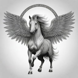 A majestic horse with expansive wings styled into a striking emblem, suitable for a tattoo design.