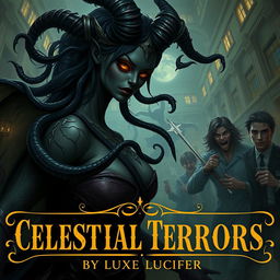 A sexy black Lovecraftian demoness with an alluring and mysterious aura, depicted amidst a chaotic university setting, engaging in a battle against frat boys