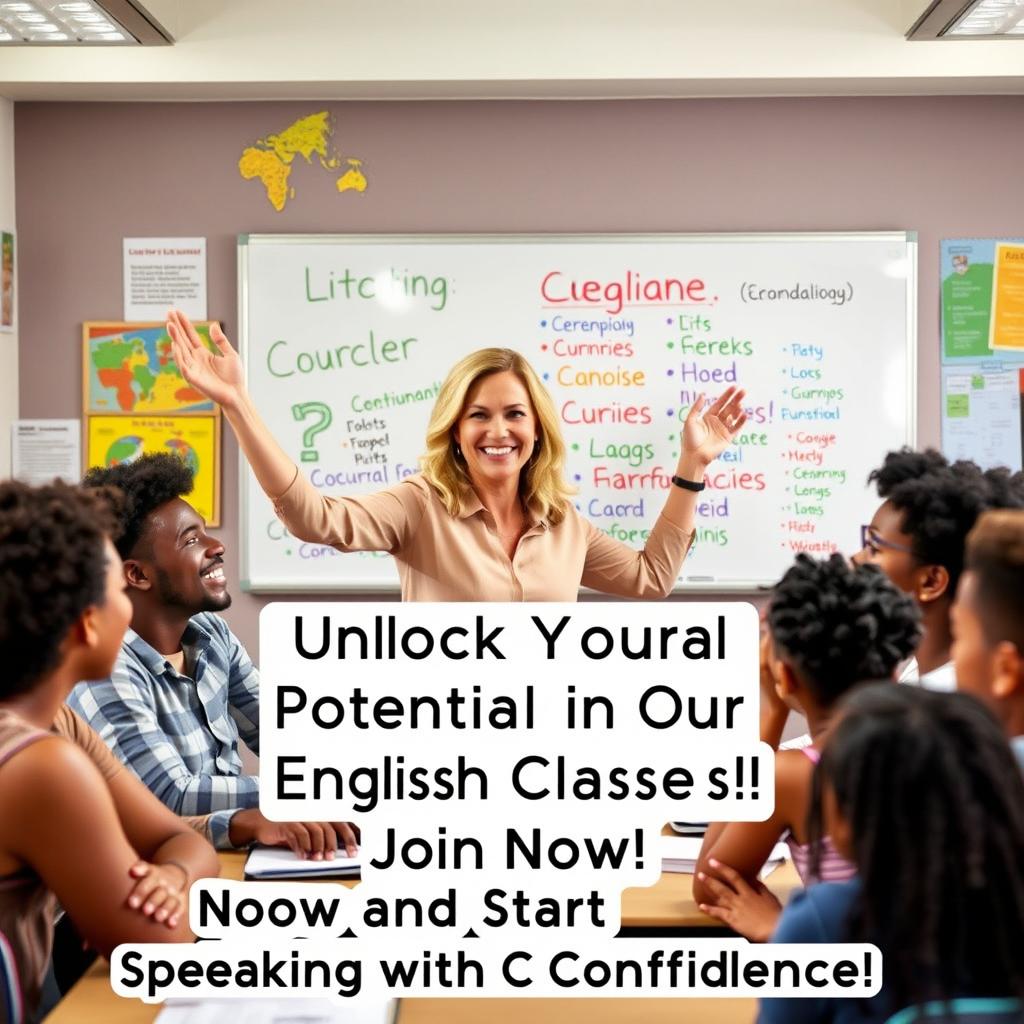 A vibrant and eye-catching advertisement for English classes, featuring a lively classroom scene with young Black students