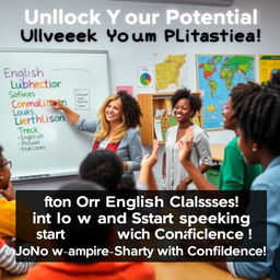 A vibrant and eye-catching advertisement for English classes, featuring a lively classroom scene with young Black students