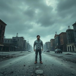 A dramatic and eerie thumbnail featuring a lone man standing in an abandoned ghost city