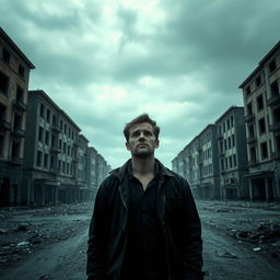 A dramatic and eerie thumbnail featuring a lone man standing in an abandoned ghost city