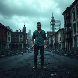 A dramatic and eerie thumbnail featuring a lone man standing in an abandoned ghost city