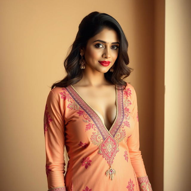 A beautiful Indian woman wearing a traditional shalwar kameez, designed with elegant embroidery and vibrant colors, gracefully revealing a hint of cleavage