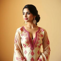 A beautiful Indian woman wearing a traditional shalwar kameez, designed with elegant embroidery and vibrant colors, gracefully revealing a hint of cleavage