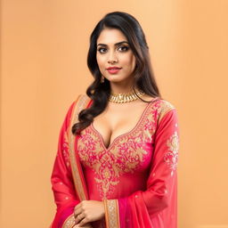 A beautiful Indian woman wearing a traditional shalwar kameez, designed with elegant embroidery and vibrant colors, gracefully revealing a hint of cleavage