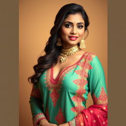 A beautiful Indian woman wearing a traditional shalwar kameez, designed with elegant embroidery and vibrant colors, gracefully revealing a hint of cleavage