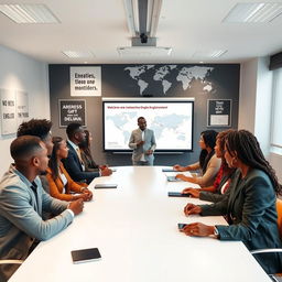 A modern English class featuring contemporary African individuals in a sophisticated, well-lit classroom setting