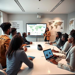 A modern English class featuring contemporary African individuals in a sophisticated, well-lit classroom setting