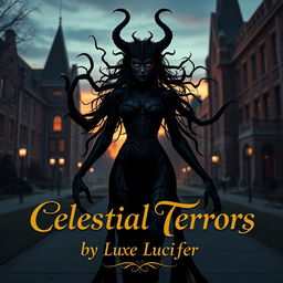 A sexy black Lovecraftian demoness with an aura of otherworldly mystery standing amidst a university campus