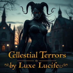A sexy black Lovecraftian demoness with an aura of otherworldly mystery standing amidst a university campus