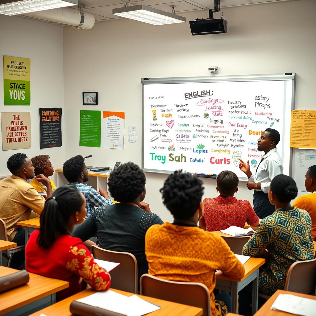 An engaging English class featuring African individuals in a modern classroom