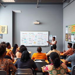 An engaging English class featuring African individuals in a modern classroom