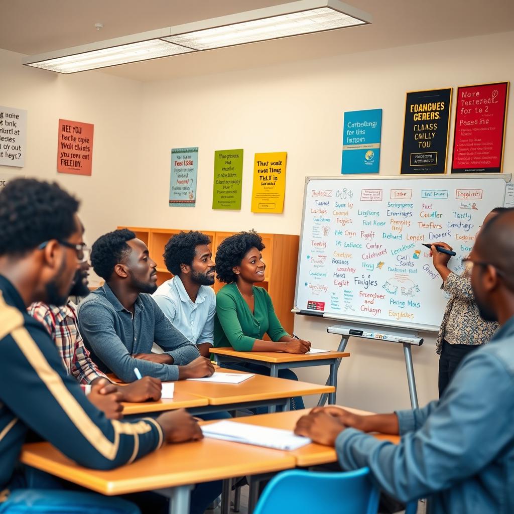 An engaging English class featuring African individuals in a modern classroom