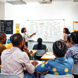 An engaging English class featuring African individuals in a modern classroom