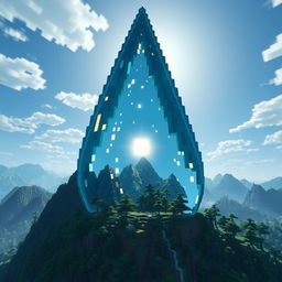 A colossal waterdrop towering over a Minecraft landscape, capturing the pixelated aesthetic of the game