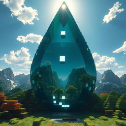 A colossal waterdrop towering over a Minecraft landscape, capturing the pixelated aesthetic of the game