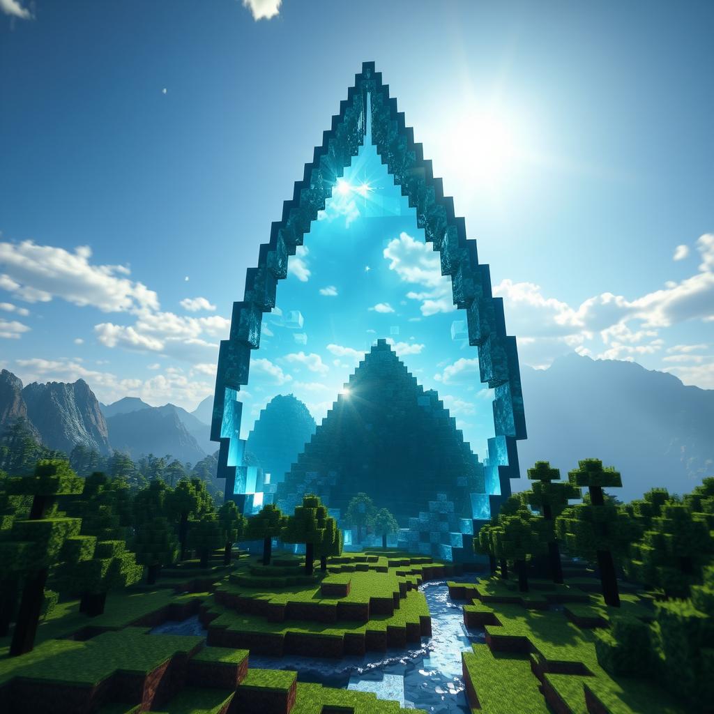 A colossal waterdrop towering over a Minecraft landscape, capturing the pixelated aesthetic of the game