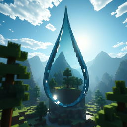 A colossal waterdrop towering over a Minecraft landscape, capturing the pixelated aesthetic of the game