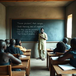 An intimate English class set in a modest classroom, featuring a male African teacher guiding his students through the lesson