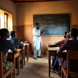 An intimate English class set in a modest classroom, featuring a male African teacher guiding his students through the lesson