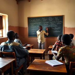 An intimate English class set in a modest classroom, featuring a male African teacher guiding his students through the lesson