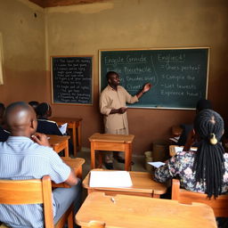 An intimate English class set in a modest classroom, featuring a male African teacher guiding his students through the lesson