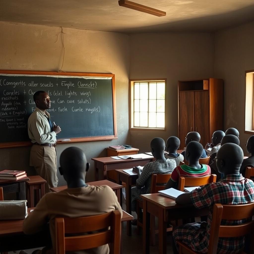 An English class held in a modest classroom setting, featuring a male African teacher leading the lesson