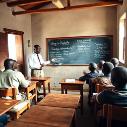 An English class held in a modest classroom setting, featuring a male African teacher leading the lesson