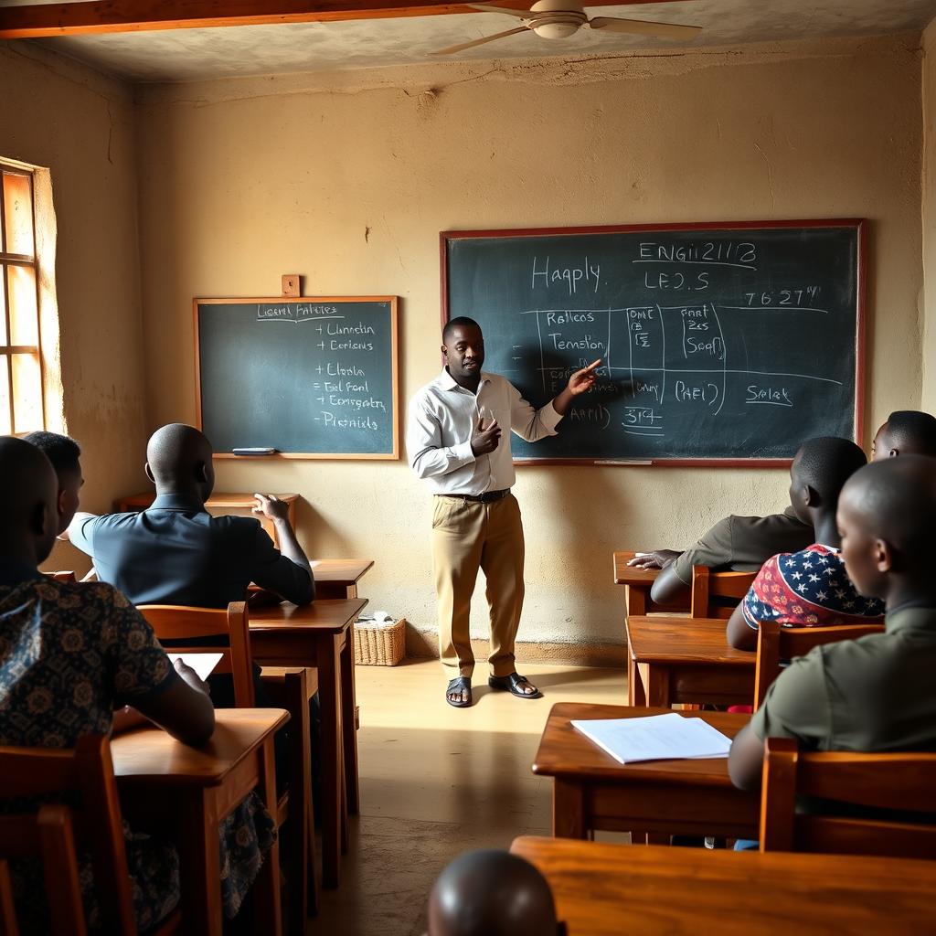 An English class held in a modest classroom setting, featuring a male African teacher leading the lesson