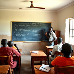 An English class held in a modest classroom setting, featuring a male African teacher leading the lesson