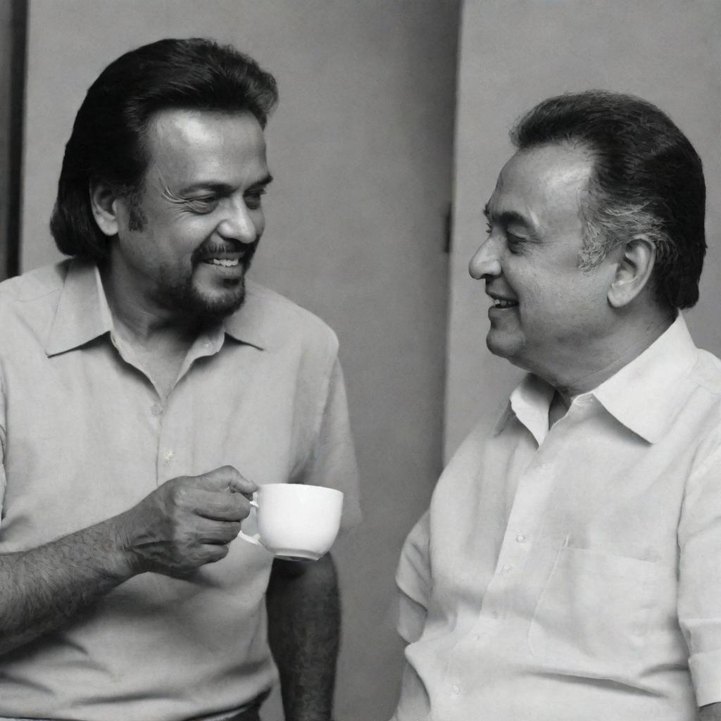 Rajanikanth and Kamal Hasan, two prominent Indian actors, engaged in a casual coffee conversation.