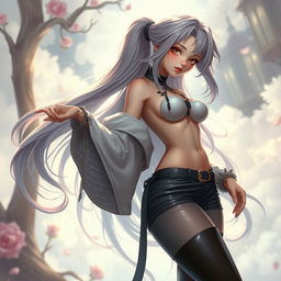 an 18-year-old girl with an exaggerated, fantasy-style anatomy, wearing elegant and stylish clothing, posing confidently, with long hair cascading down, set against a dreamy background