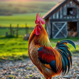 A vibrant, colorful rooster standing proudly on a rustic farm, its iridescent feathers catching the sunlight