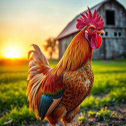 A vibrant, colorful rooster standing proudly on a rustic farm, its iridescent feathers catching the sunlight