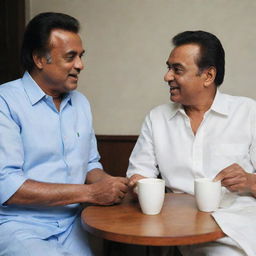 Rajanikanth and Kamal Hasan, two prominent Indian actors, engaged in a casual coffee conversation.