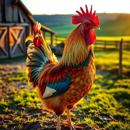 A vibrant, colorful rooster standing proudly on a rustic farm, its iridescent feathers catching the sunlight